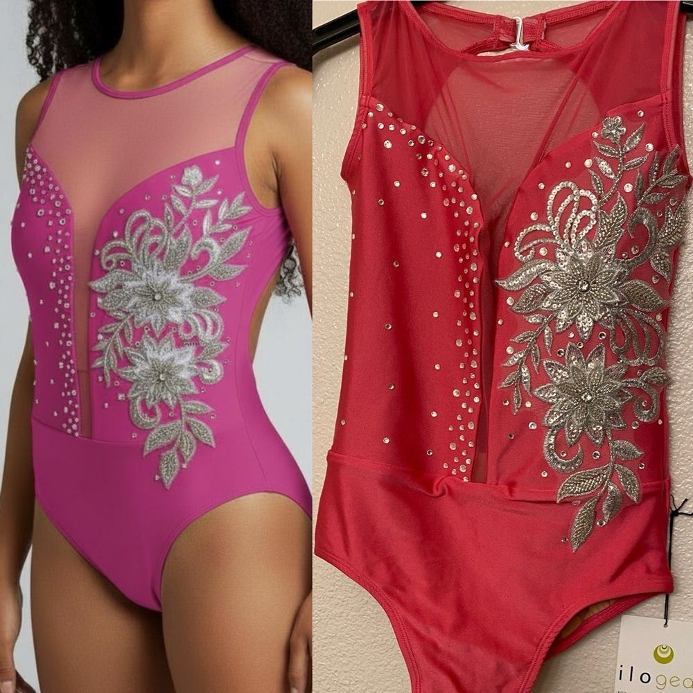 Ilo Gear Glamorous hot pink custom dance costume leotard illusion MA New